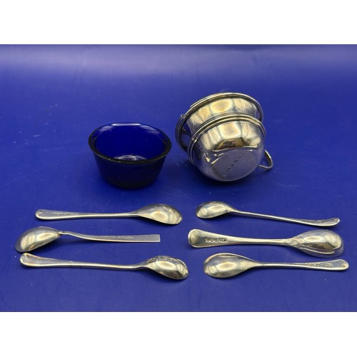 18 - Sterling Silver Mustard with Blue Glass Liner and Six Silver Salt / Mustard Spoons approx 43g 925