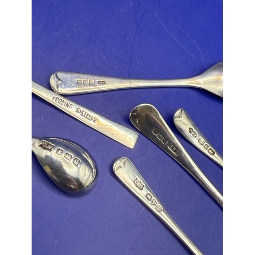 18 - Sterling Silver Mustard with Blue Glass Liner and Six Silver Salt / Mustard Spoons approx 43g 925