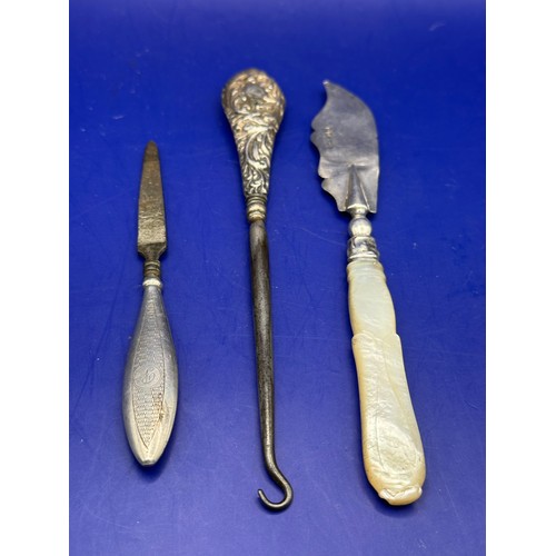19 - Silver Handled Nail File , MOP & Sterling Silver Knife and Silver Handled Button Hook