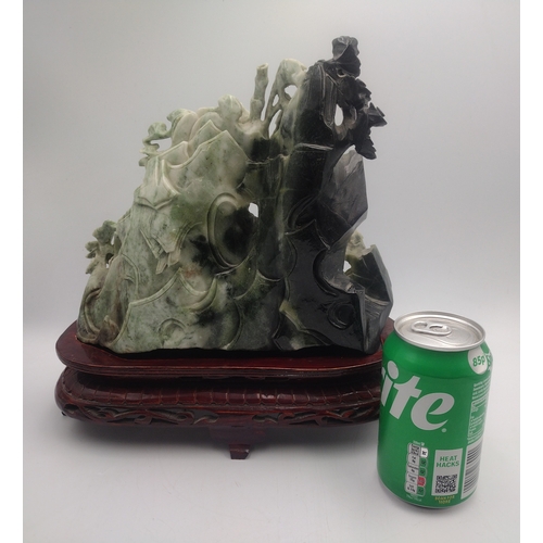 20 - Chinese Carved Dushan / Nanyang Jade Scholar’s Mountain Landscape Group On Carved Hardwood Stand, Ci... 
