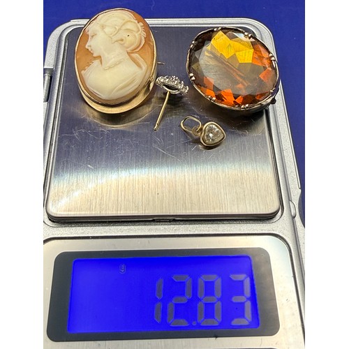 27 - Yellow Metal Victorian Stone Brooch , Cameo Brooch and Two 9ct Gold Items
