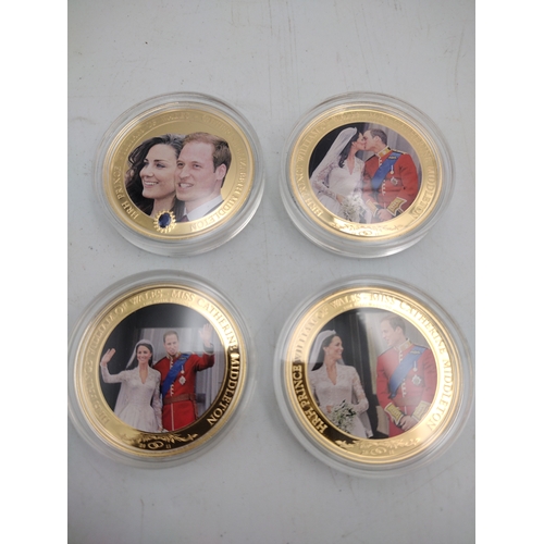 Set of Four The Westminster Collection Cook Islands One Dollar 24ct Gold-Plated Royal Wedding Photographic Coins with Coloured Portraits and Inset Blue Stone, Circa 2011