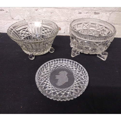 Set of Three Vintage Clear Pressed-Glass Tablewares To Include Two Geometric Three-Footed Fruit Bowls and Ireland Map Souvenir Plate