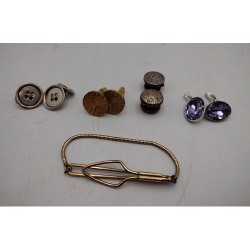 Collection of Men's Accessories to Include Tie Pin and Cufflinks with Silver Button Cufflinks
