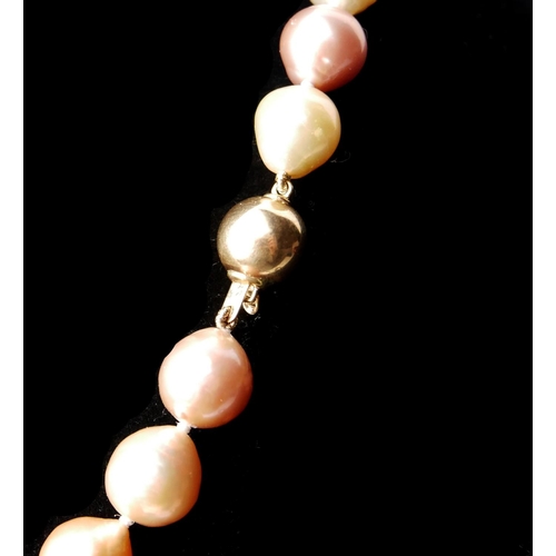 21 - A STRING OF FRESHWATER CULTURED PEARLS IN SHADES OF WHITE, PEACH, PALE AND DARK PINK
Fastened with a... 