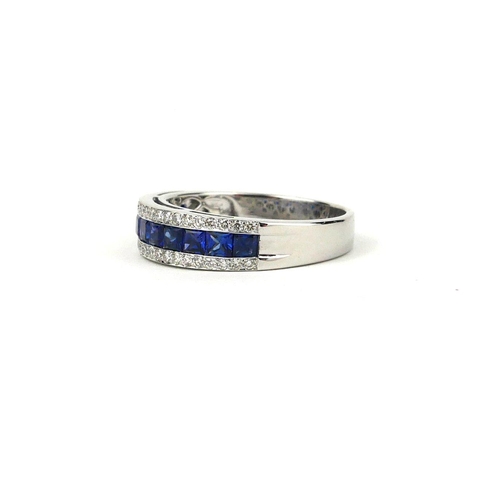 54 - AN 18CT WHITE GOLD, SAPPHIRE AND DIAMOND HALF ETERNITY RING.  
(Sapphires 1.41ct, Diamonds 0.35ct) (... 