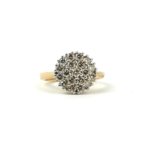 58 - A 9CT GOLD, ROUND BRILLIANT CUT DIAMOND CLUSTER RING.
(Diamonds 1.03ct)