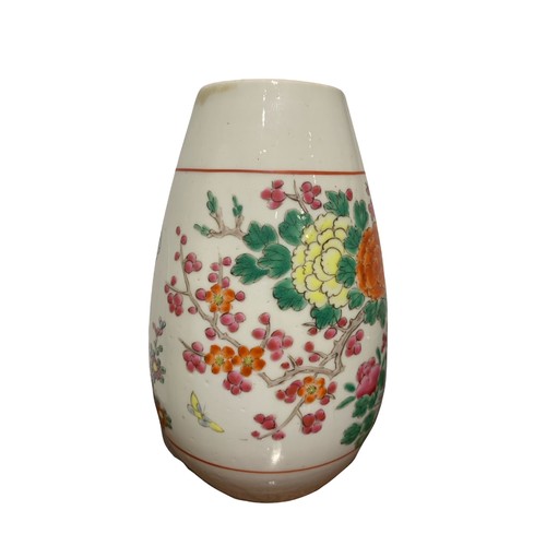 97 - A JAPANESE TAISHO PERIOD VASE DECORATED with flowers and birds on a white ground.
H-16.8cm