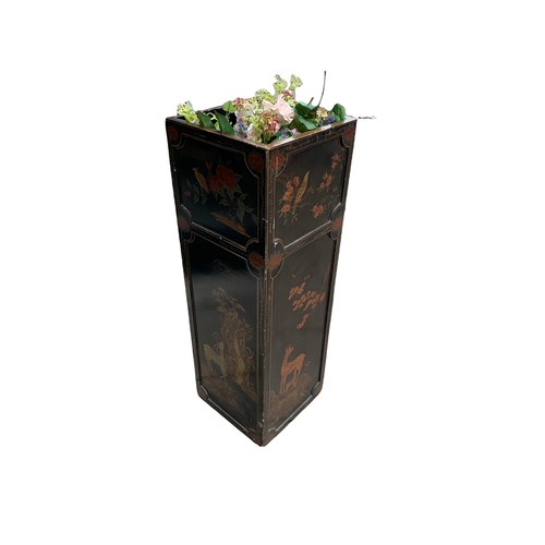 82 - A 20TH CENTURY CHINESE STYLE BLACK LACQUER AND PAINTED PLANTER DECORATED WITH WILD DEERS AND BIRDS I... 