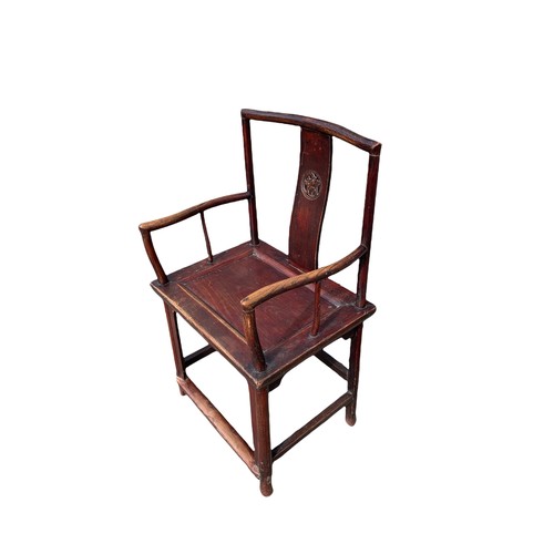 88 - A 19TH CENTURY CHINESE ELM CHAIR with carved panel back above a panel seat raised on four legs joine... 