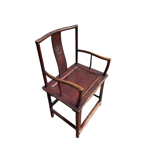 88 - A 19TH CENTURY CHINESE ELM CHAIR with carved panel back above a panel seat raised on four legs joine... 