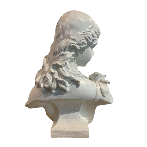 119 - A DECORATIVE PAINTED BUST, A YOUNG LADY WEARING A ROSE.
(h 54cm x d 24cm x w 44cm)