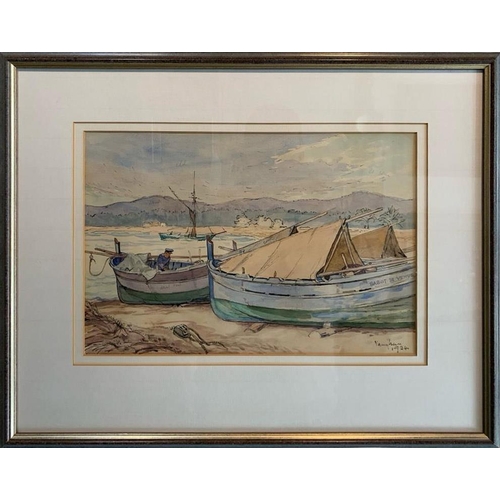 182 - DORIS VAUGHAN, BRITISH, 1894 - 1975, WATERCOLOUR
Coastal landscape, with fishing boats, signed, date... 