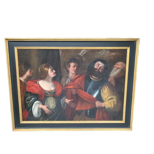 223 - A LARGE 17TH CENTURY ITALIAN OIL ON CANVAS, ‘THE DENIAL OF SAINT PETER’
Held in an ebonised and parc... 