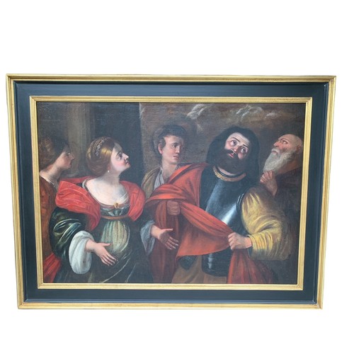 223 - A LARGE 17TH CENTURY ITALIAN OIL ON CANVAS, ‘THE DENIAL OF SAINT PETER’
Held in an ebonised and parc... 