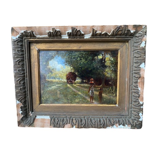 229 - AN EARLY 20TH CENTURY OIL ON CANVAS
Indian summer landscape, figures on a track and an ox and cart i... 