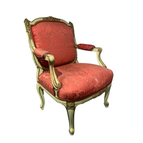 138 - A DECORATIVE PAIR OF 18TH/19TH CENTURY FRENCH LOUIS XV DESIGN CARVED WOOD AND PAINTED OPEN ARMCHAIRS... 