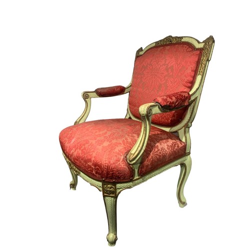 138 - A DECORATIVE PAIR OF 18TH/19TH CENTURY FRENCH LOUIS XV DESIGN CARVED WOOD AND PAINTED OPEN ARMCHAIRS... 