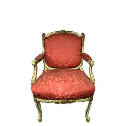 138 - A DECORATIVE PAIR OF 18TH/19TH CENTURY FRENCH LOUIS XV DESIGN CARVED WOOD AND PAINTED OPEN ARMCHAIRS... 