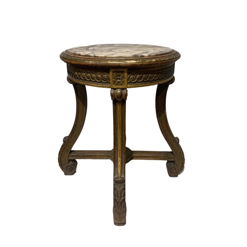 148 - A 19TH CENTURY FRENCH CARVED AND PAINTED WALNUT AND PARCEL GILT MARBLE TOP JARDINIÈRE STAND
Raised o... 