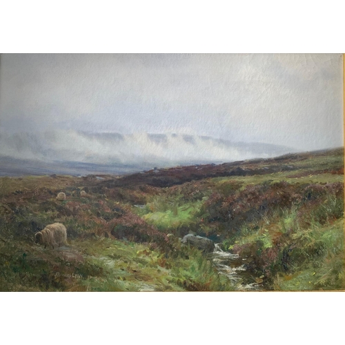 239 - JOHN HOWARD LYON, 1870 - 1921, OIL ON CANVAS 
Titled ‘Above Moor Strathyre’, landscape with sheep, s... 