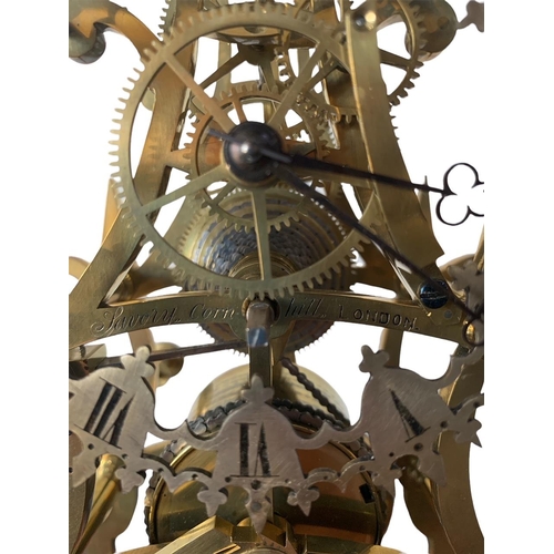 73 - A 19TH CENTURY SAVORY CORNHILL LONDON BRASS FUSÈE SKELETON CLOCK
Raised on an ebonised base encased ... 