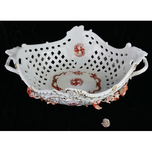 218 - AN EXCEPTIONALLY LARGE 19TH CENTURY MEISSEN HARD PASTE PORCELAIN TWIN HANDLED POLYCHROME BASKET OF F... 