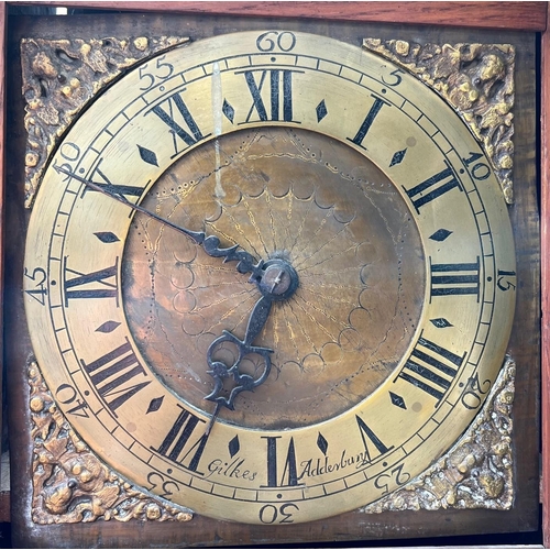 112 - RICHARD GILKES, ADDERBURY, AN 18TH CENTURY CARVED OAK LONGCASE CLOCK
With engraved dial and Roman nu... 