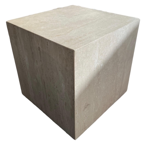 260 - A LARGE DECORATIVE STONE CUBE PLINTH. 
(50cm x 50cm x 50cm)