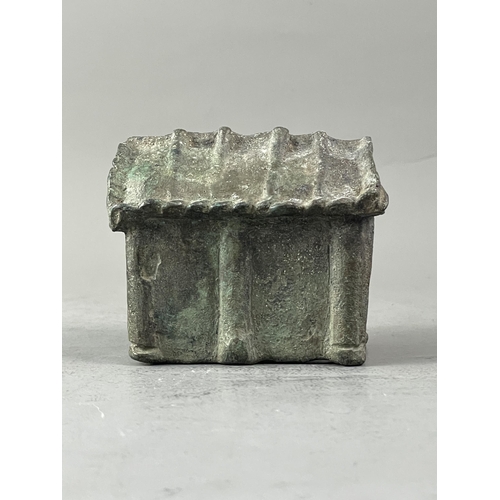 273 - TWO BRONZE ORDOS STYLE PLAQUES, A BRONZE TURTLE AND A MINIATURE BRONZE TEMPLE
L: 12cm