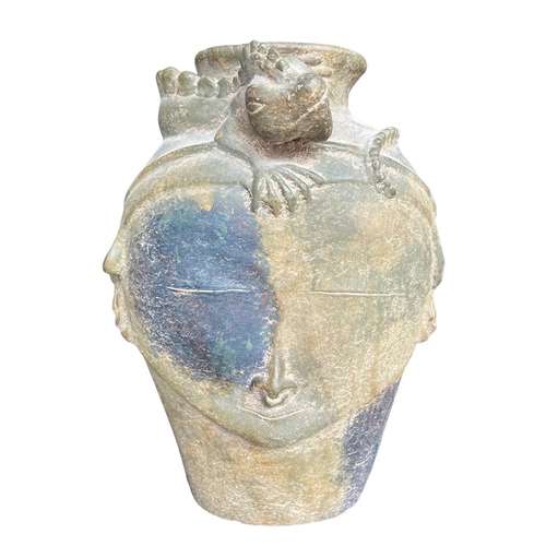 282 - A LARGE DECORATIVE ASIAN POTTERY FACIAL MASK VASE WITH LIZARD HEADDRESS.
(H 46cm x W 35cm x D 23cm)