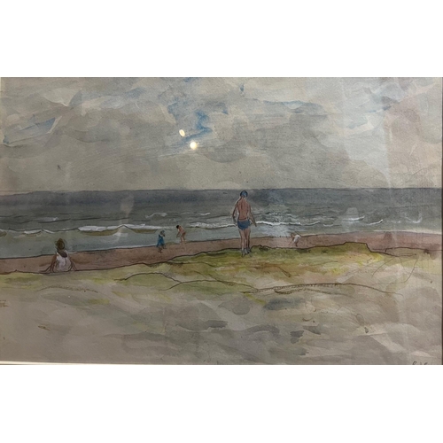 328 - RODNEY JOSEPH BURN, R.A., 1899 - 1984, WATERCOLOUR
Coastal beach scene, with figures, signed with in... 