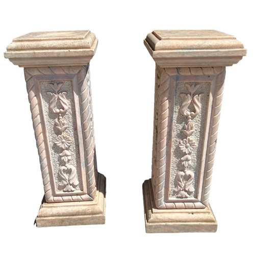 102 - A PAIR OF DECORATIVE CARVED MARBLE PLINTHS
Decorated with flowerheads and leaves.
(h 79.5cm x 30cm x... 