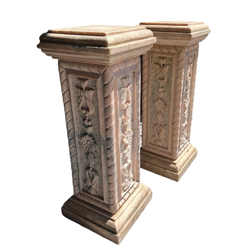 102 - A PAIR OF DECORATIVE CARVED MARBLE PLINTHS
Decorated with flowerheads and leaves.
(h 79.5cm x 30cm x... 