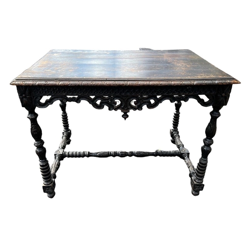 108 - A 19TH CENTURY CONTINENTAL CARVED OAK SIDE TABLE
The plank top above a priced and carved frieze, rai... 