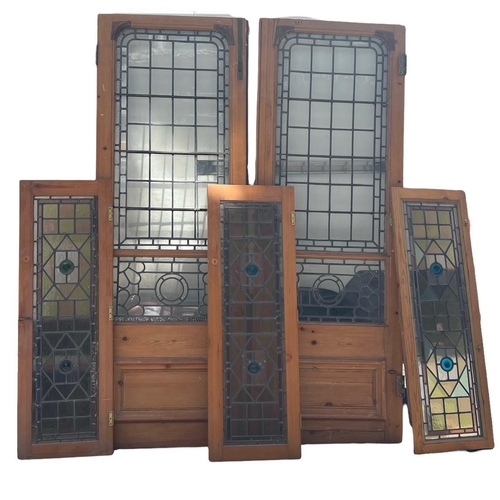 238 - A COLLECTION OF VICTORIAN LEADED AND STAINED GLASS PINE DOORS AND PANELS.
(large pair of doors h 204... 