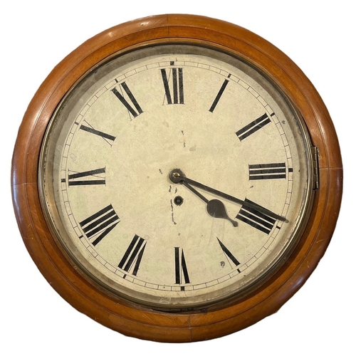 263 - A LARGE 19TH CENTURY MAHOGANY AND BRASS CIRCULAR WALL CLOCK
With painted dial and Roman numerals, co... 