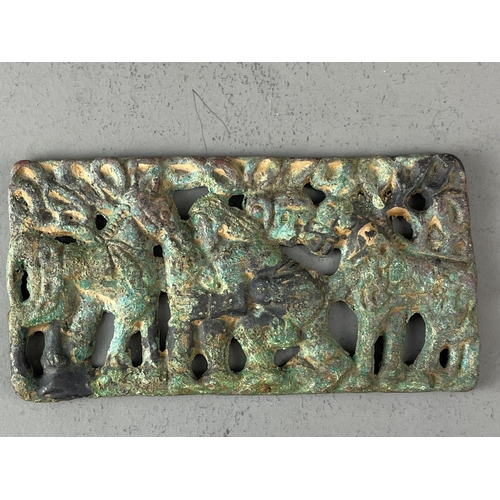 273 - TWO BRONZE ORDOS STYLE PLAQUES, A BRONZE TURTLE AND A MINIATURE BRONZE TEMPLE
L: 12cm