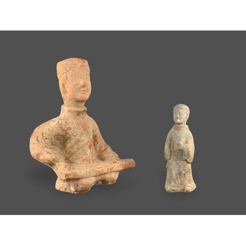 283 - A SICHUAN POTTERY FIGURE, AND A SMALLER FIGURE, HAN DYNASTY, (BC 206 - AD 220)
The first kneeling pl... 