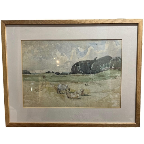 325 - RODNEY JOSEPH BURN, R.A., 1899 - 1984, WATERCOLOUR
Summer landscape, with sheep, signed with Initial... 