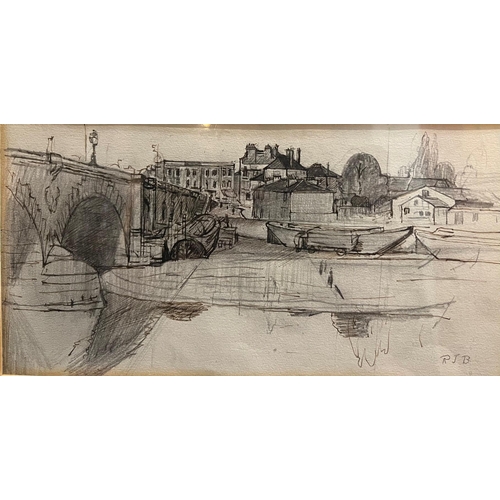 326 - RODNEY JOSEPH BURN, R.A., 1899 - 1984, PEN, INK AND GRAPHITE
View of the River Thames at Kew, signed... 