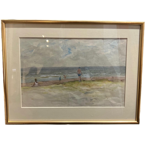 328 - RODNEY JOSEPH BURN, R.A., 1899 - 1984, WATERCOLOUR
Coastal beach scene, with figures, signed with in... 