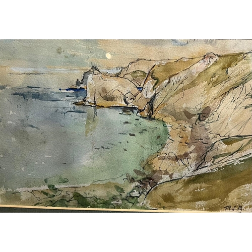 331 - RODNEY JOSEPH BURN, R.A., 1899 - 1984, WATERCOLOUR
Rocky coastal seascape, signed with initials ‘RJB... 