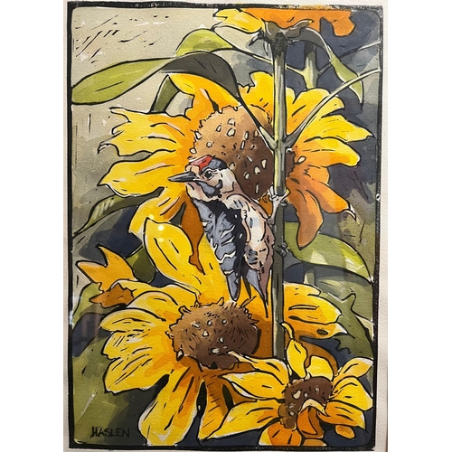 335 - ANDREW HASLEN, B. 1953, LINOCUT AND WATERCOLOUR
Woodpecker and sunflowers, signed lower left, framed... 