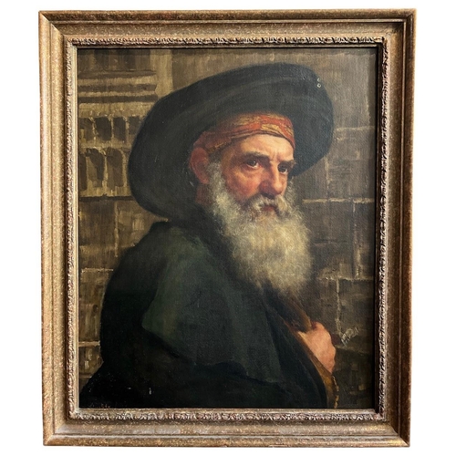 349 - A FINE 19TH CENTURY OIL ON CANVAS, PORTRAIT OF A BEARDED JEWISH RABBI 
Wearing a head scarf and hat,... 