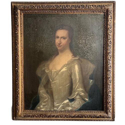 352 - AN 18TH CENTURY ENGLISH SCHOOL OIL ON CANVAS, PORTRAIT OF A LADY WEARING A SILK AND LACE DRESS
Beari... 