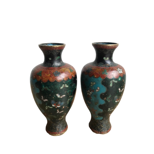 119 - THREE CHINESE CLOISONNÉ ENAMEL GOLD SPLATTER VASES 
Depicting butterfly and floral scenes, all vases... 