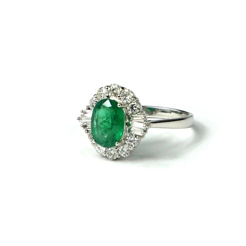 26 - AN 18CT WHITE GOLD, EMERALD AND DIAMOND CLUSTER RING.
(emerald 1.79ct, diamonds 0.78ct, TP 0.15ct/Rd... 