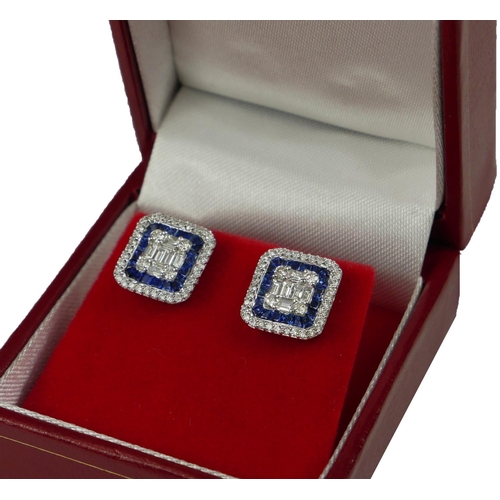 34 - A PAIR OF 18CT WHITE GOLD, DIAMOND AND SAPPHIRE SQUARE EARRINGS 
Boxed.
(sapphires 2.90ct, diamonds ... 