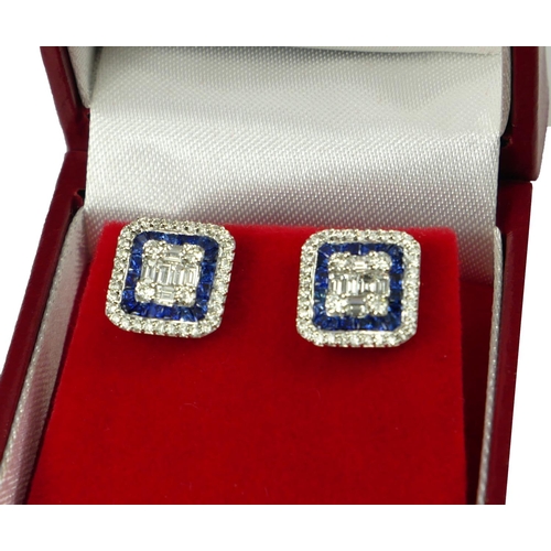 34 - A PAIR OF 18CT WHITE GOLD, DIAMOND AND SAPPHIRE SQUARE EARRINGS 
Boxed.
(sapphires 2.90ct, diamonds ... 